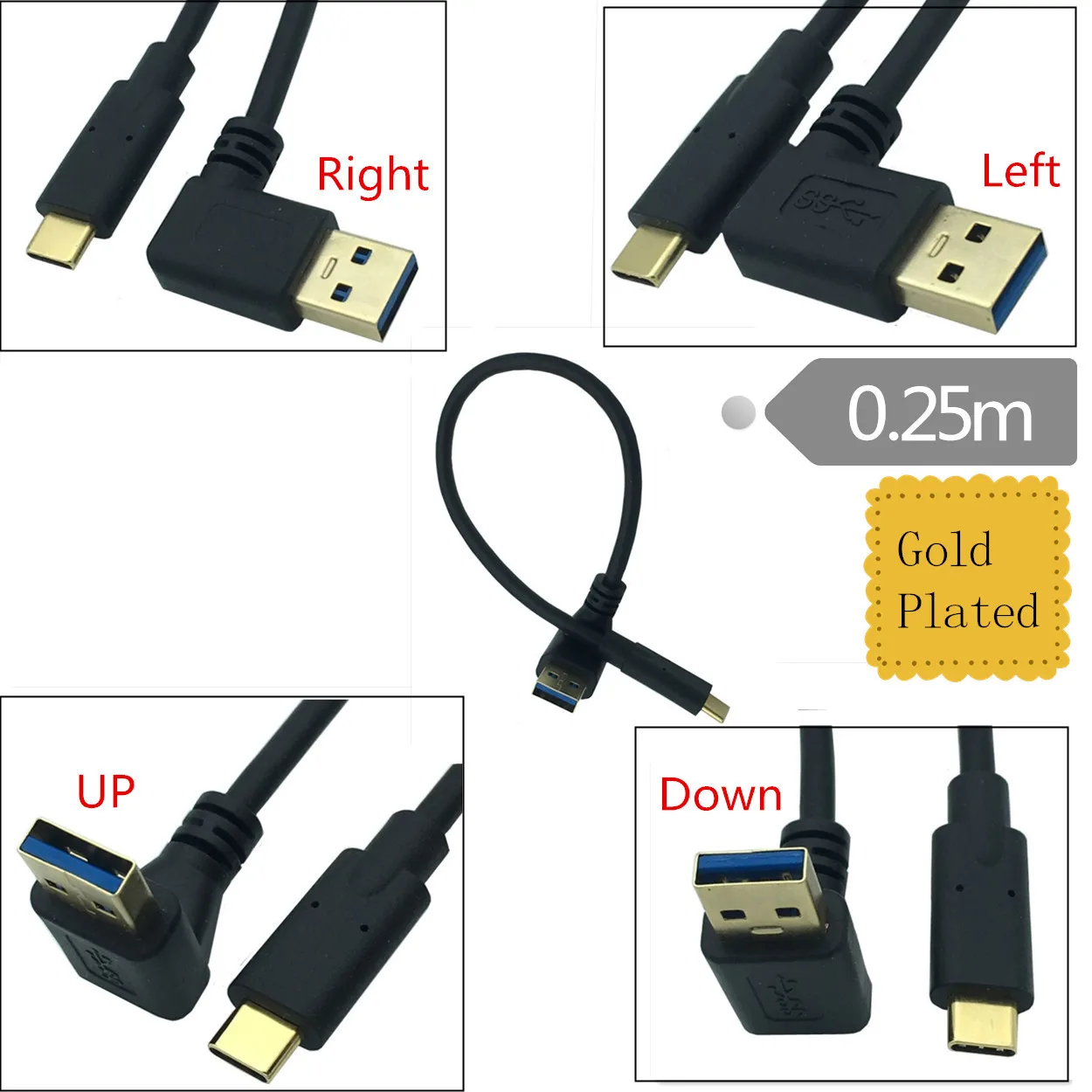 Aukso padengtą kištukas USB3.1 Tipas-C Su USB 3.0 Tipo 90 Laipsnių Kairėje ir Dešinėje Kampas Vyrų Vyrų Adapterio Kabelį 0,25 m/25cm . ' - ' . 0