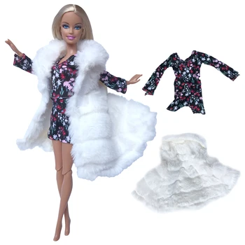 NK1 Nustatyti Lėlės Aprangą Mados Baltas Kailis +Print Suknelė Kasdien Atsitiktinis Nešioti Drabužius Barbie Lėlės Priedai Mergina Dovana