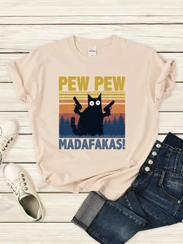 Pew Pew Madafaks Juodosios Katės Marškinėlius Moterims, Hip-Hop Harajuku Trumpomis Rankovėmis Vasarą Gotikos Drabužių Atsitiktinis Pulovers T-Marškinėliai Moteris