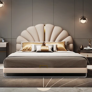 Modernus minimalistinis 1.8 metrų dvigulė lova, vestuvių lovos, natūralios odos lova, šviesos prabanga žiedlapis shell lova