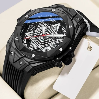 Mados, Vyrai Sporto Laikrodžiai Juodas Didelis Ciferblatas Geometrinis Prizminis Kniedės Cool Žiūrėti Vyrų Kvarcinis Laikrodis Silikono Dirželis Atsparus Vandeniui