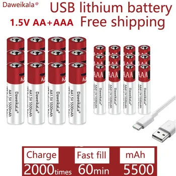 AA AAA 2021 naujas didelės talpos, 5500mah įkraunama ličio jonų baterija AA 1,5 V USB greito įkrovimo ličio jonų baterija