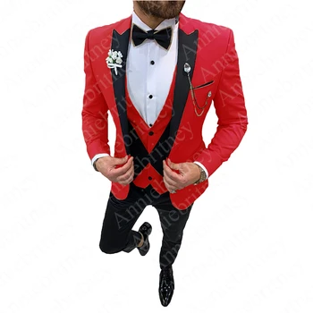 2021 Aukštos Kokybės Slim Fit Vieno Mygtuko Raudona Jaunikis Tuxedos Groomsmen Mens Vestuvių Kostiumai 3 Gabalas Prom Jaunikis (Striukė+Kelnės+Liemenė)