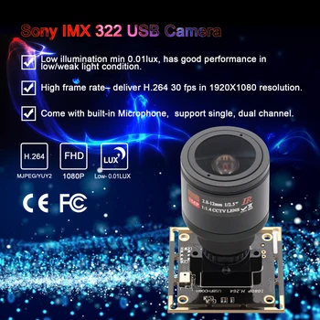 2Megapixel IMX322 CMOS, USB Kamera valdybos 2.8-12mm megapikselių varifocal lens H. 264 Mažai apšvietimo, vaizdo kameros modulis