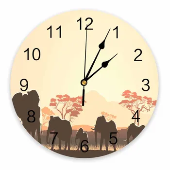 Dramblys Medžiai, Pieva Alpių Afrikos Gyvūnų Dekoratyvinis Apvalus Sieninis Laikrodis Individualizuotos Dizainas Ne Pažymint Silent Miegamasis Didelis Sieninis Laikrodis