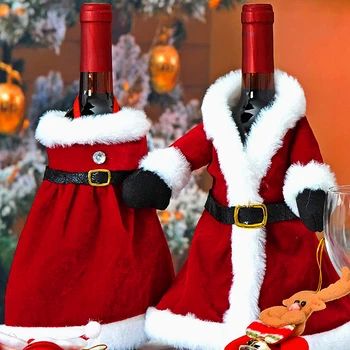 Nauja Kalėdinė Suknelė Vyno Butelis Apima Raudonos Aksomo Vyno Butelius, Nustatyti Vyno Butelį, Maišelį Rankovės Kalėdos Naujųjų Metų Vakarienės Stalo Apdailos