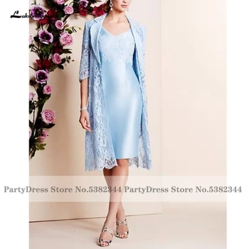 Derliaus Šviesiai Mėlyna Satino Motinos Nuotakos Suknelės 2023 Vestidos Para Madrina Moterų Oficialų Suknelė Vestuvių Svečių Nėrinių Striukė