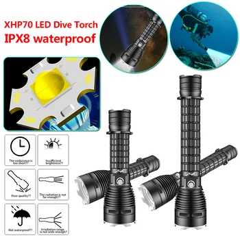 XHP70 Aukšto Ryškumo LED Žibintuvėlis Nešiojamų Nardymo Fakelas Vertus Lempos IPX8 Vandeniui 3 Rūšių Lauko Kempingas Taktinis Flash Šviesos